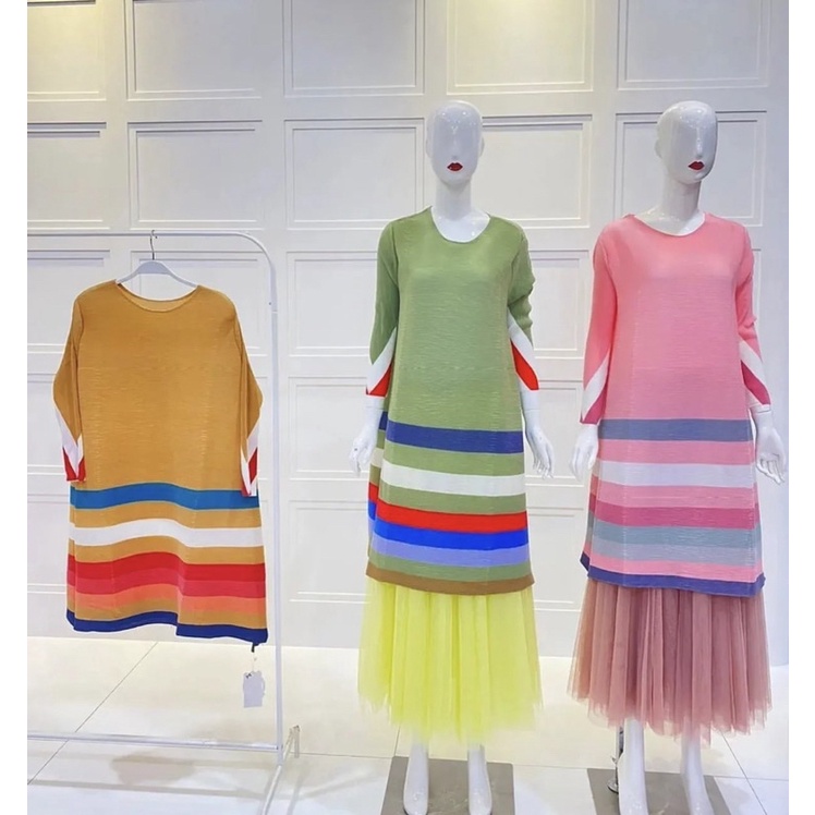DRESS TUNIK BLOUSE PLISKET NAIK TURUN PASTEL RAINBOW MIX COLOUR STRIPE PREMIUM IMPORT BANGKOK BKK