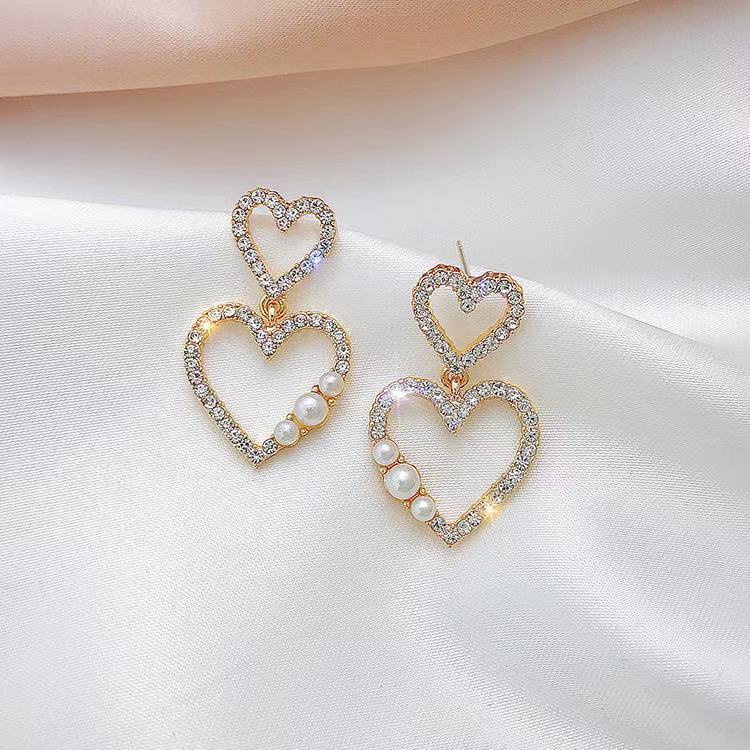 Korea mutiara bertatahkan Berlian baru sterling silver jarum anting-anting anting-anting double anti