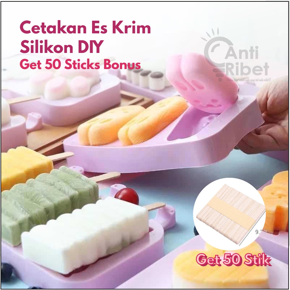 [ANTIRIBET] Perlengkapan Dapur Cetakan Es Krim Lucu DIY + 50 Stick Kayu Pembelajaran Anak Silicone C
