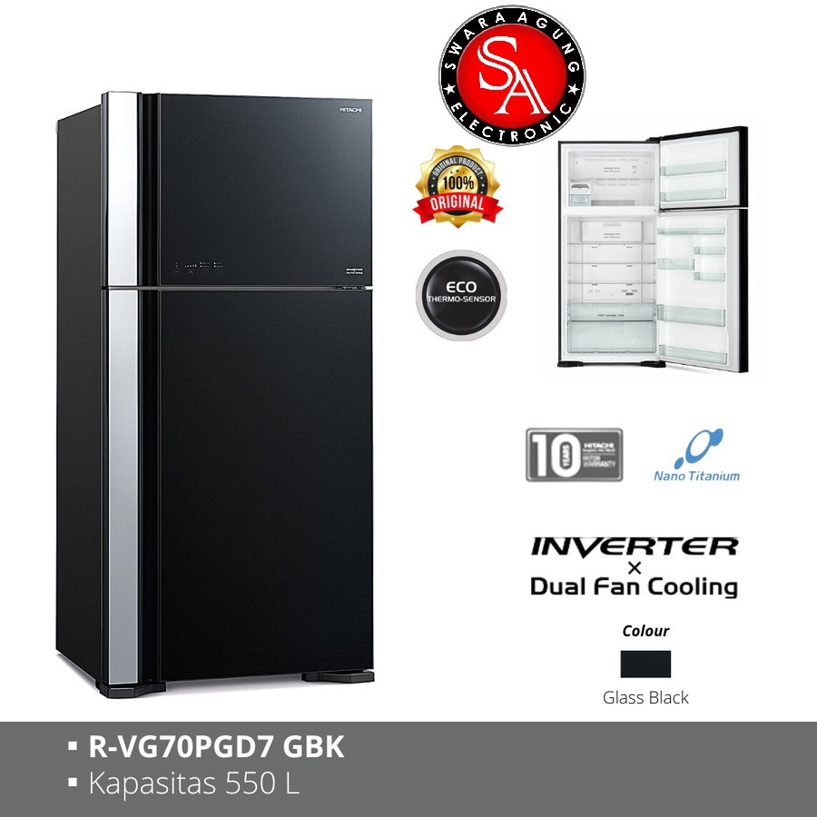 Kulkas 2 Pintu 550 Liter Hitachi Type: R-VG70PGD7 GBK (Khusus Daerah Medan)