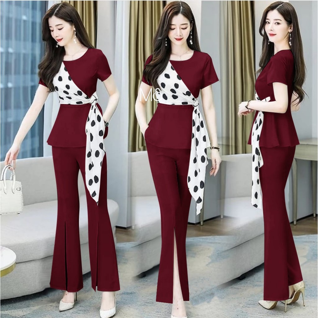 ST JACQUELINE / SETELAN JACQUELINE MOSCREPE / 2IN1 / SETELAN WANITA KOREAN STYLE / BAJU POLKA WANITA