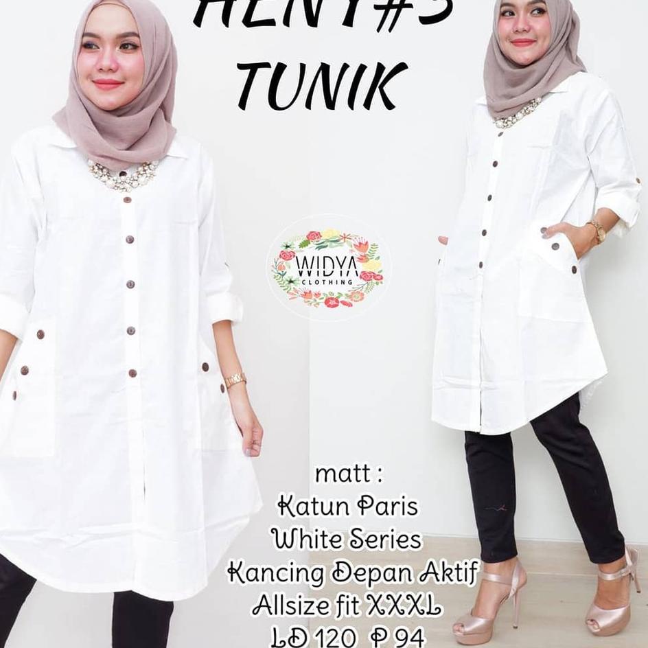 Tunik JUMBO Wanita Muslimah PUTIH HENY Full Kancing LD 120 Size XXL Baju Atasan Katun Paris by Widya