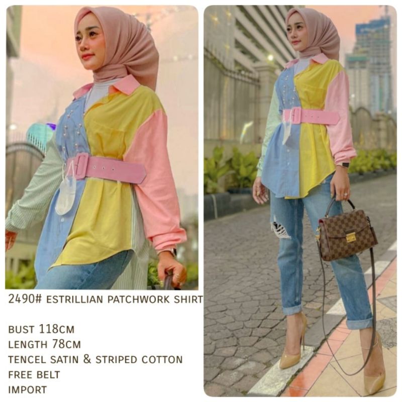 MDLV ~ 2490 Estrillian Patchwork Shirt Free Belt Women Rainbow Shirt Cotton / Kemeja Lengan Panjang
