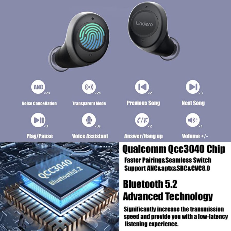 Lindero ANC TWS Qualcomm QCC3040 APTX Adaptive Bluetooth 5.2 Headset