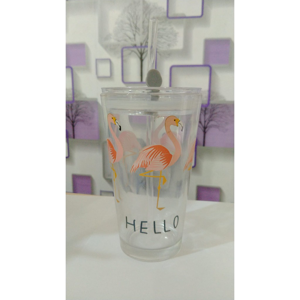 Tumbler Kaca Motif Animal / Glass Ware Cup 350ml / Gelas Beling dengan sedotan kaca / Gelas Kaca / H482-TIPE 4 - FLAMINGO