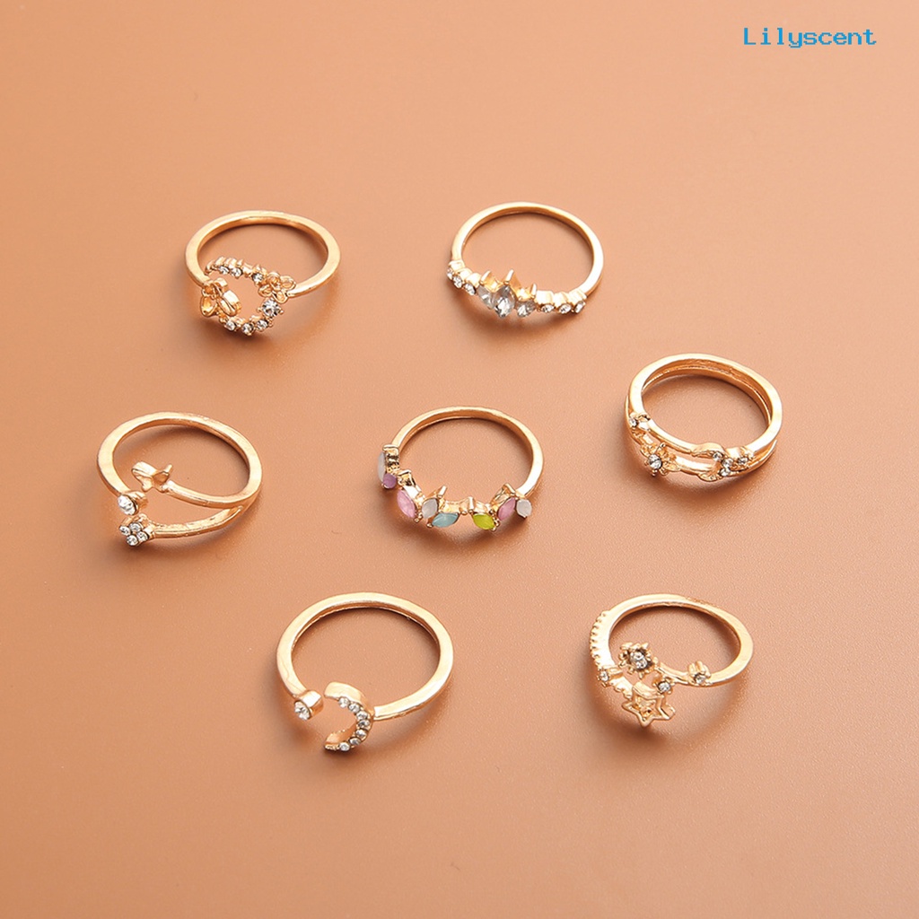 Lc 7Pcs / Set Cincin Model Terbuka Desain Kupu-Kupu + Bunga Nyaman Ringan Untuk Wanita