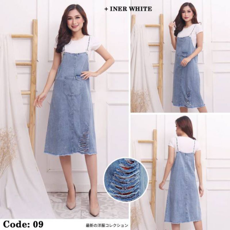 DRESS OVERALL 2IN1 SET DRESS JEANS BANGKOK DRESS KOREA STYLE MIDI DRESS 099 GY
