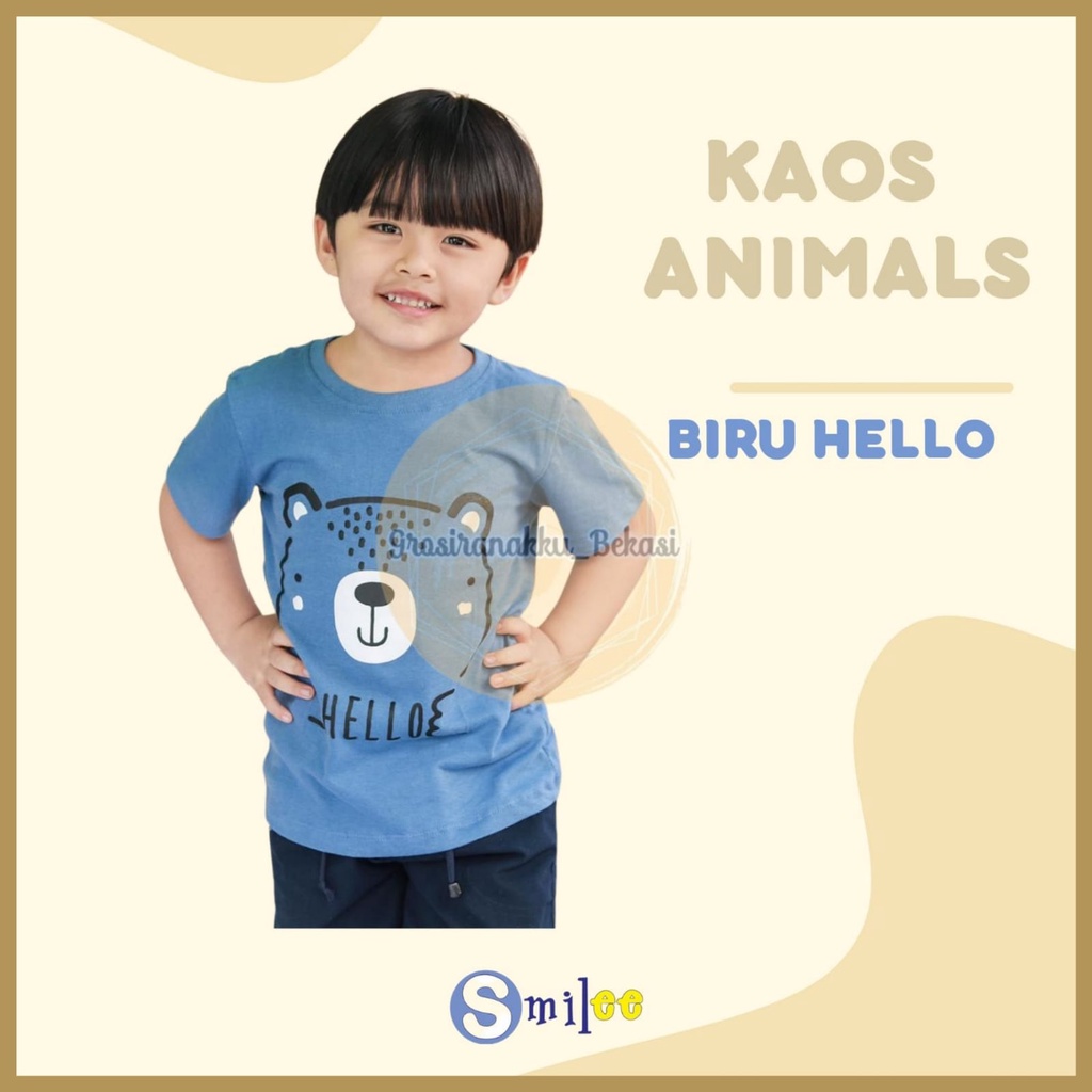 Kaos Anak Cowok Smilee Murah Animal Biru Hello Size 1-5Tahun