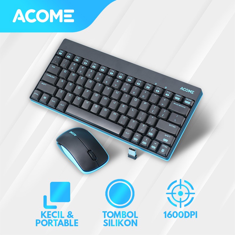 Acome Keyboard &amp; Mouse Combo Wireless Portable 1600 DPI Tombol Silikon Garansi Resmi 1 Tahun AKM2000