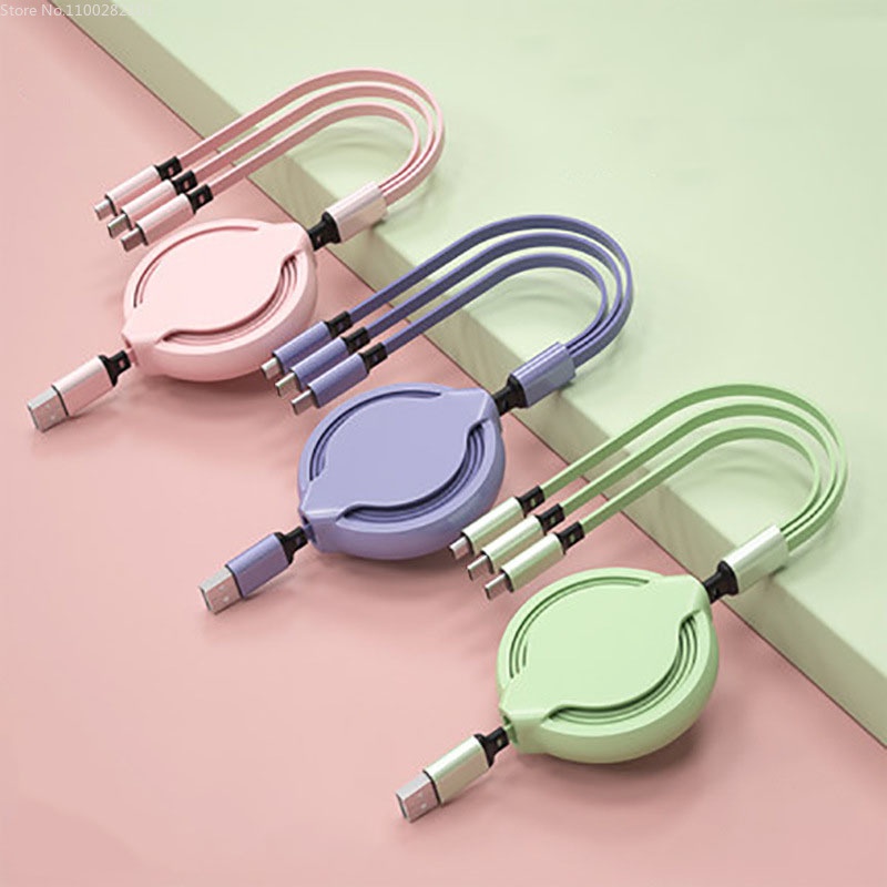 3in1 Kabel Data / Charger Retractable Multifungsi Bahan Silikon Cair Panjang 1m Untuk Handphone