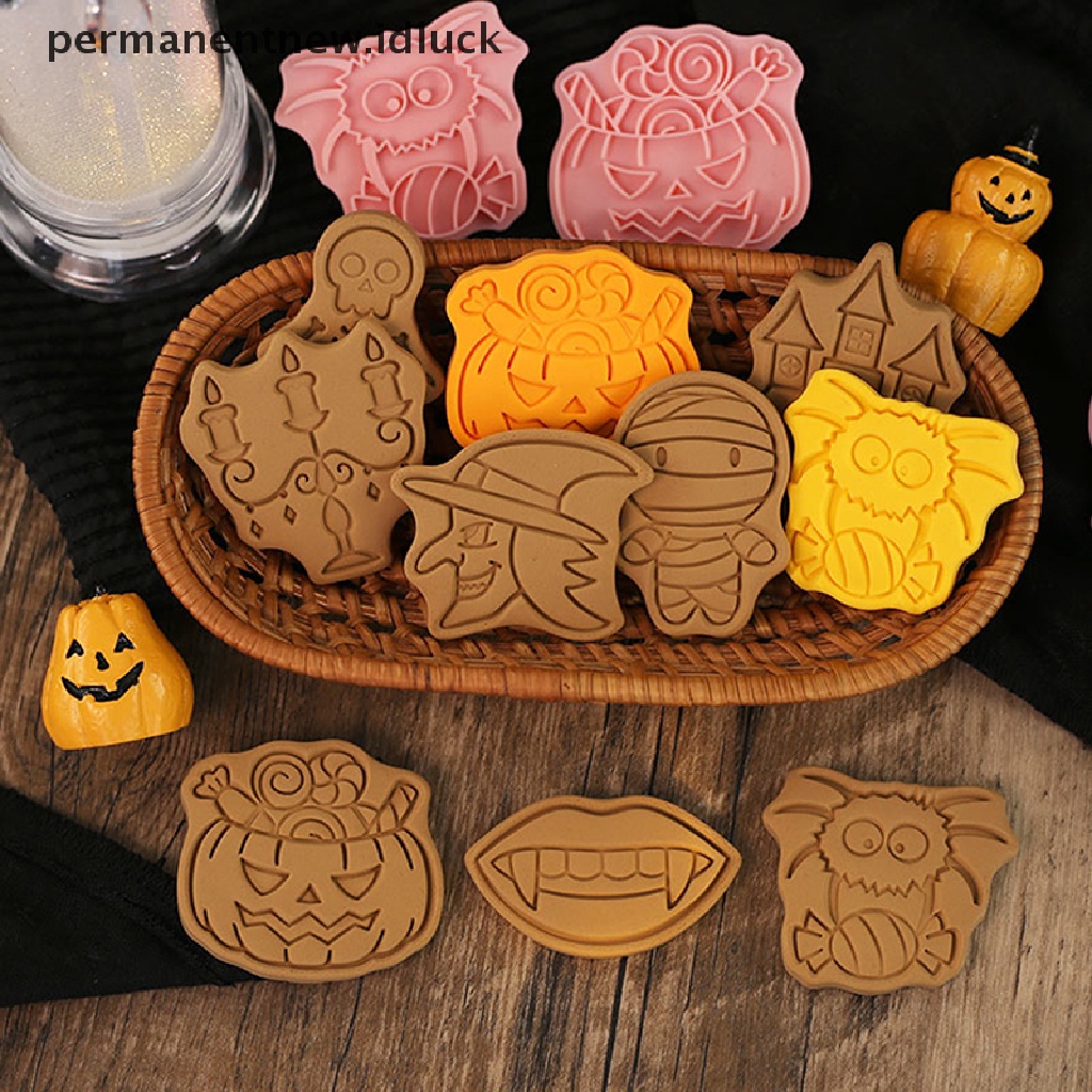 8 Pcs Cetakan Pemotong Biskuit Bentuk Kartun Labu Hantu Halloween Bahan Plastik