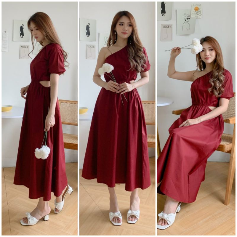 ❣️ SPECIAL PRICE ♡ PREMIUM ♡ ORIGINAL ! ANGIE VINTAGE PLAIN ONE SHOULDER SIDE LESS MIDI PARTY DRESS