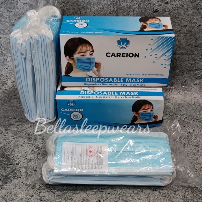 3PLY CAREION BOX - MASKER 3PLY EARLOOP CAREION FACEMASK DISPOSABLE MASK MEDICAL GRADE KEMENKES - BIRU HITAM HIJAU