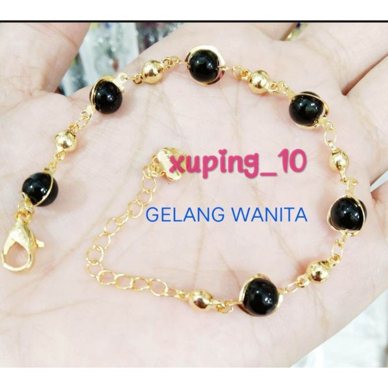 Gelang Tangan Xuping Perhiasan Wanita Dewasa Motif Batu Bola Hitam Berlapis Emas