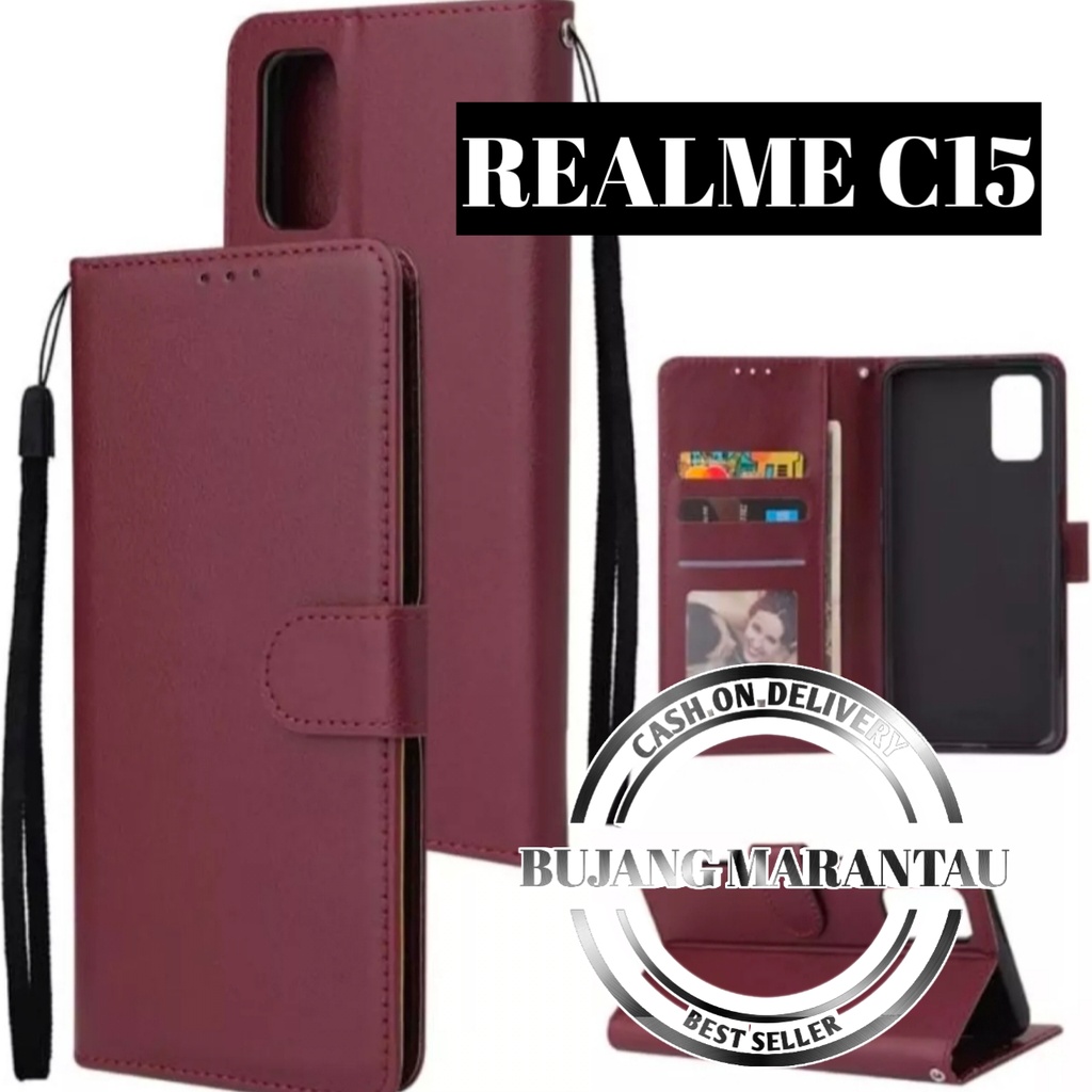 REALME C15-  CASE KULIT REALME C15 - CASING DOMPET-FLIP COVER LEATHER-SARUNG BUKU HP