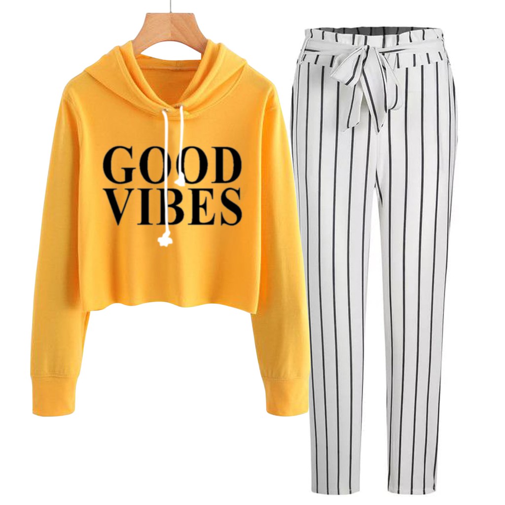 BESS - Baju Setelan Wanita Murah / Setelan Hoodie Crop + Celana Salur Putih - GOOD VIBE