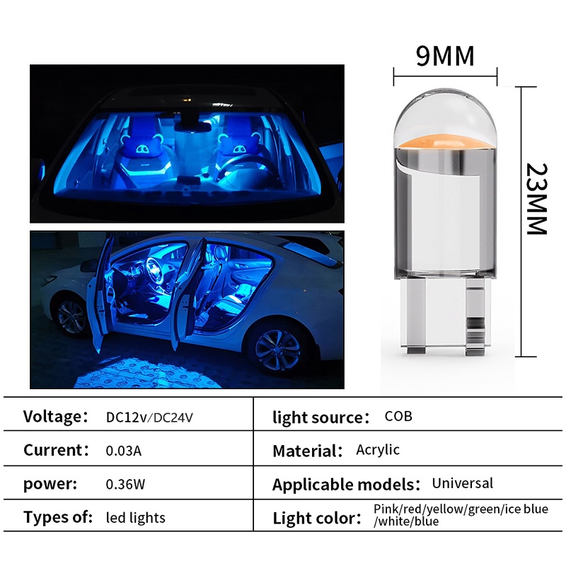 Super Terang 5buah w5w 194t10 Rumah Kaca led cob Lampu Mobil 6000k Putih Hijau Biru Merah wedge Plat Lampu Kubah Cahaya