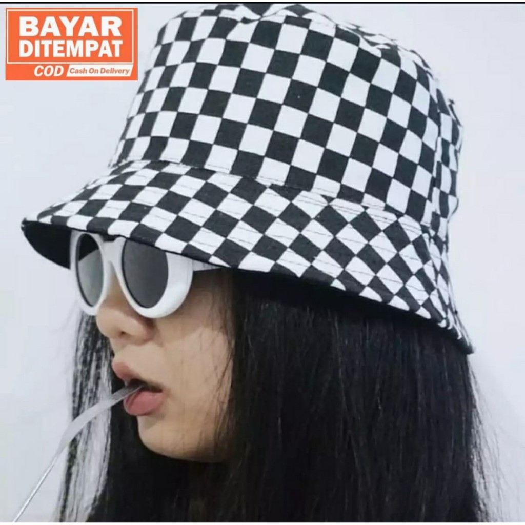 Topi Bucket Motif Kotak Catur / Fashion Topi Premium / Topi Musim Semi / topi bucket korea berkualit