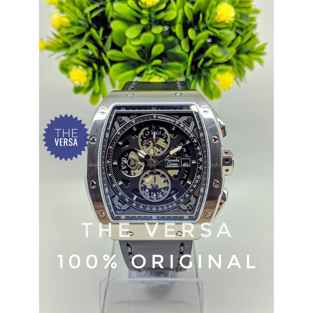 Alexandre Christie AC 6411 Jam Pria Kulit Silver Black Tombol Silver