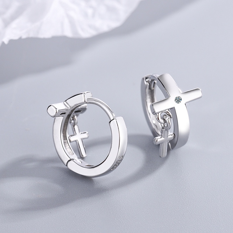 Anting 925 Sterling Silver Model Silang Aksen Kristal Zircon Untuk Wanita