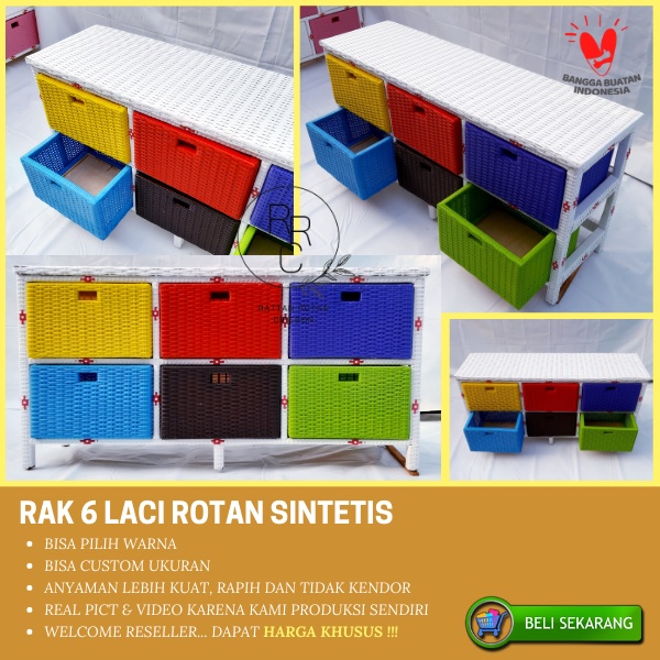 Lemari Laci Rak Rotan Sintetis Kabinet Plastik 6 Laci