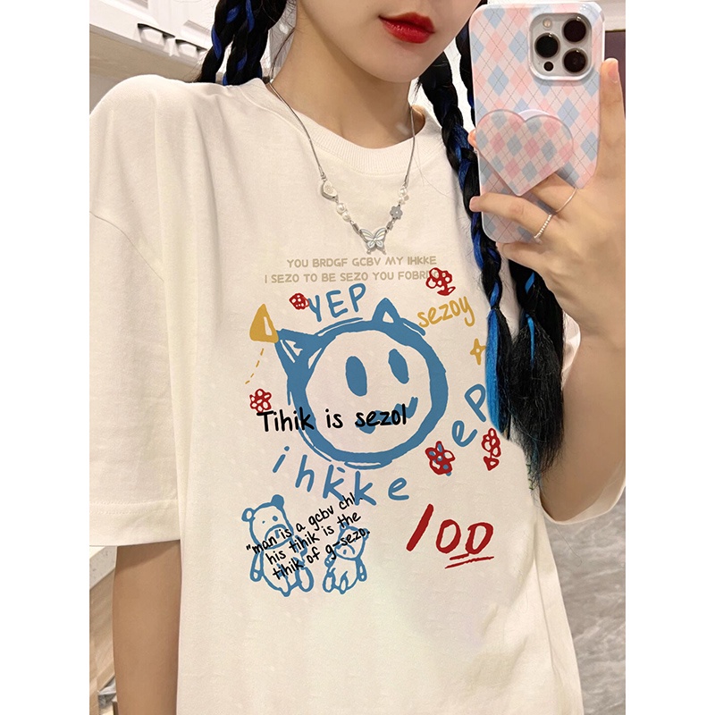 EUNII T-shirt Lengan Pendek Gaya Baju Wanita Graffiti Longgar Korean Style/Kaos Atasan Wanita/Baju Kaus Oversize Wanita