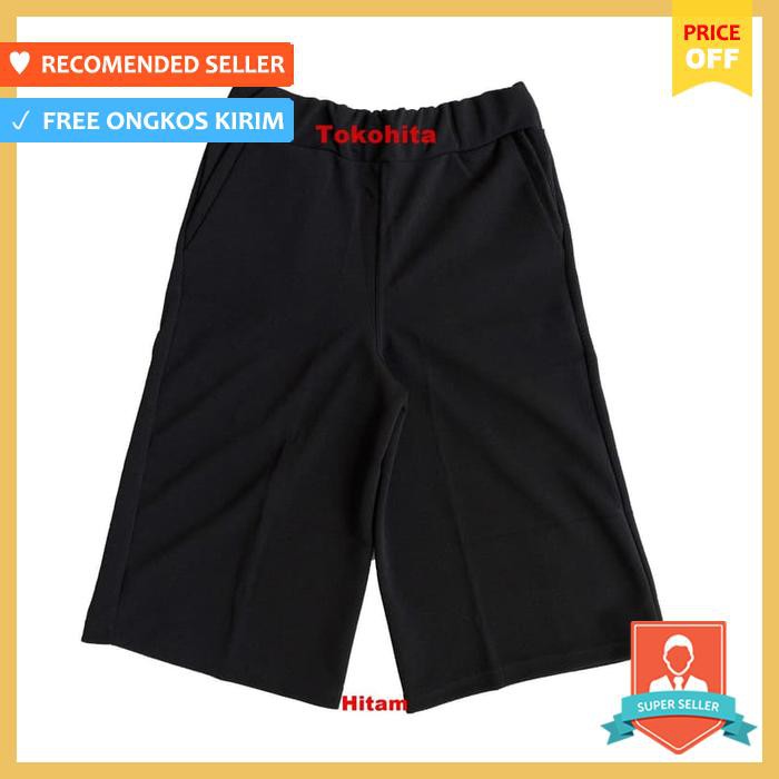 Celana Kulot Plisket Kulit Jeruk Pendek 7/8 Dewasa, Celana Pendek Hitam