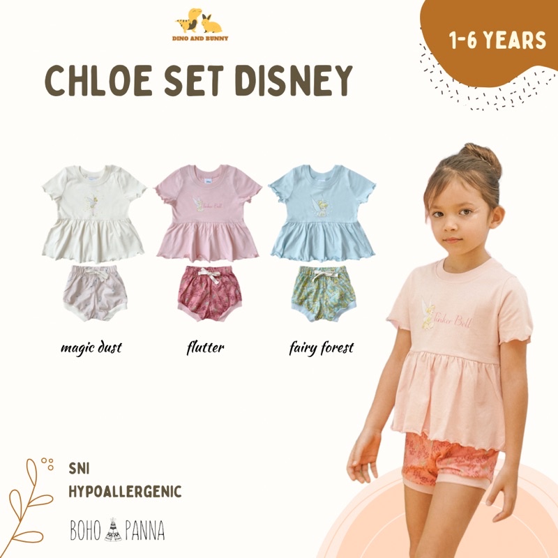 DINOANDBUNNY - CHLOE SET DISNEY - Bohopanna X TINKERBELL - Set Atasan Celana Anak - Baju Anak Perempuan 1 - 3 Tahun