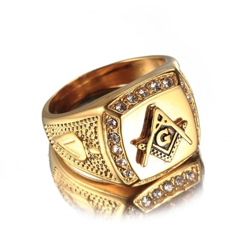 Cincin Berlian Masonic Klasik Mewah Bahan Stainless Steel Warna Emas Ukuran US 7-14