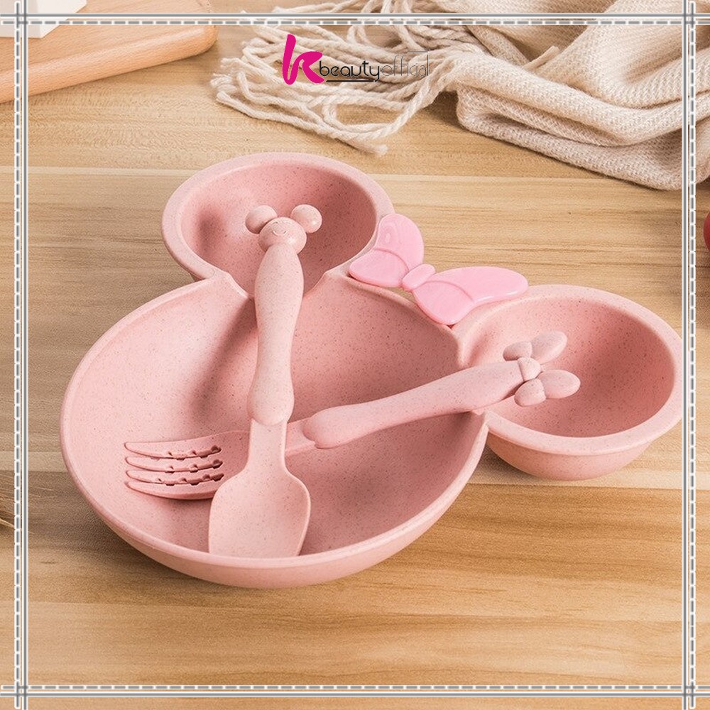 KB-C373 Piring Makan Anak Karakter Miki Set Sendok Garpu / Mangkok Makan Wheat Straw / Tempat Makan Anak Set / Mangkuk Makan Bayi Bahan Jerami Gandum-5