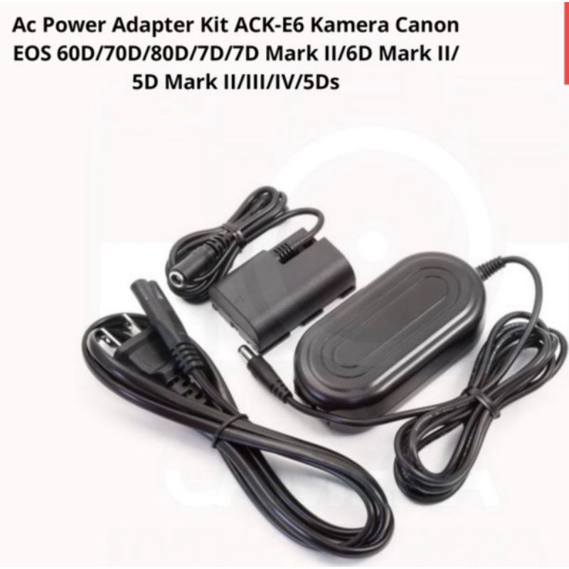 AC Power Adapter Kit ACK-E6 Kamera Canon Eos 60D/70D/80D/7D/6D Mark II