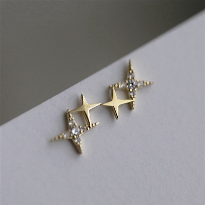 Anting Tusuk Sterling Silver 925 Lapis Emas 14K Desain Bintang Hias Kristal Untuk Wanita