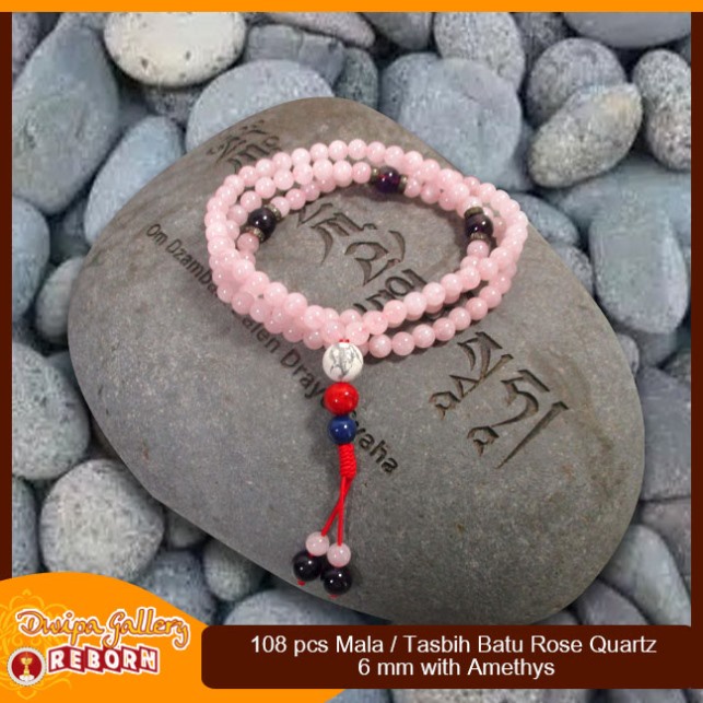 Tasbih / Mala Buddha 108 Batu Rose Quartz 6 mm with Amethys