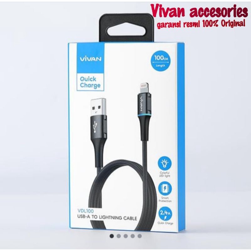 Vivan VDL100 / VDL200 Kabel Data Lightning 2.4A 1M / 2M LED Light  Quick for iPhone iPad Charge