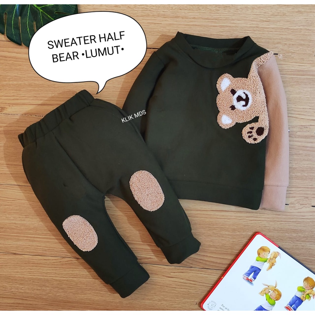 Setelan Anak Cowok - Baju Bayi Laki - Laki Model Sweater Tangan Panjang Celana Panjang Motif Half Bear Usia 6 Bulan-3 Tahun