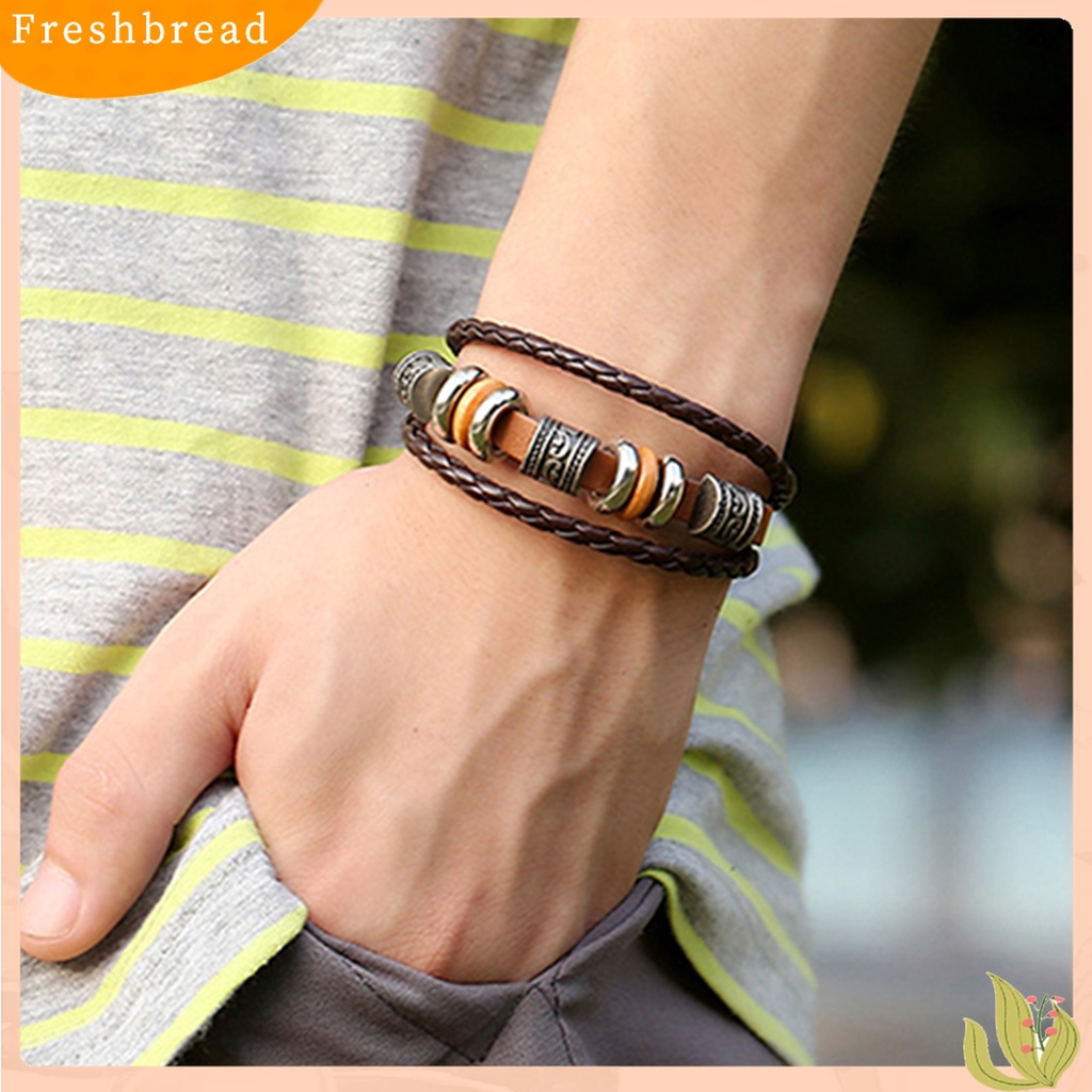 [TERLARIS]Unisex Retro Punk Flower Beads Faux Leather Braided Multilayer Bracelet Bangle for Daily Wear