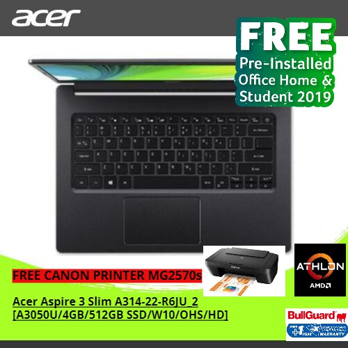 ACER ASPIRE 3 SLIM A314-22-R6JU_2 [A3050U/4GB/512GB SSD/W10/OHS/HD] BLACK [NX.HVVSN.005] FREE CANON 