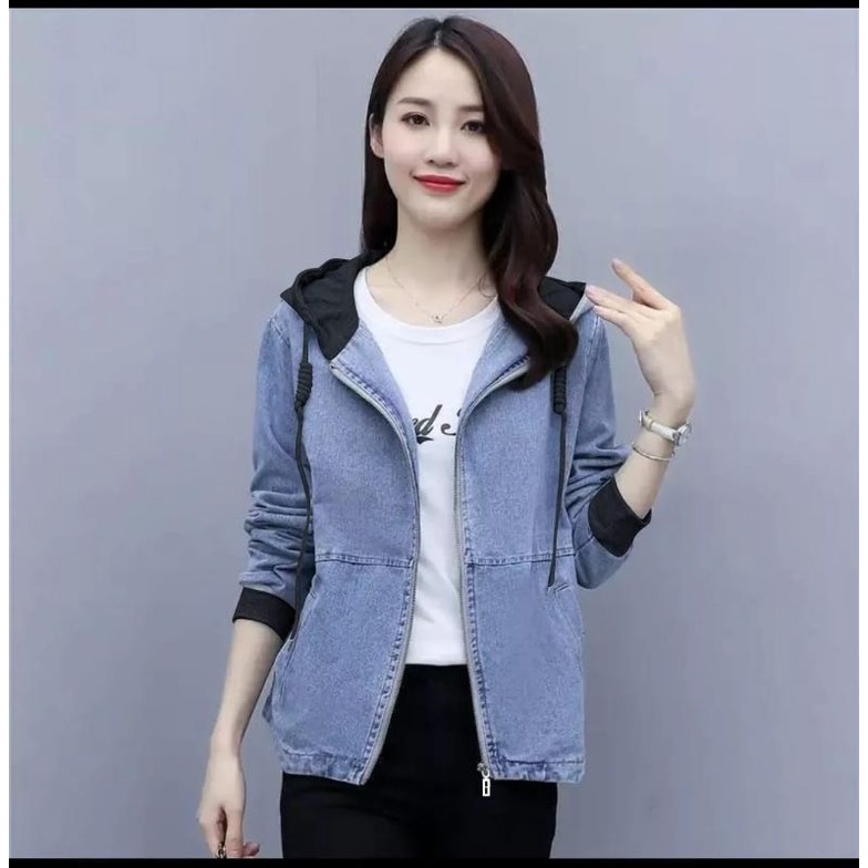 JAKET JEANS HOODIE WANITA RITSLETING DENGAN KOMBI