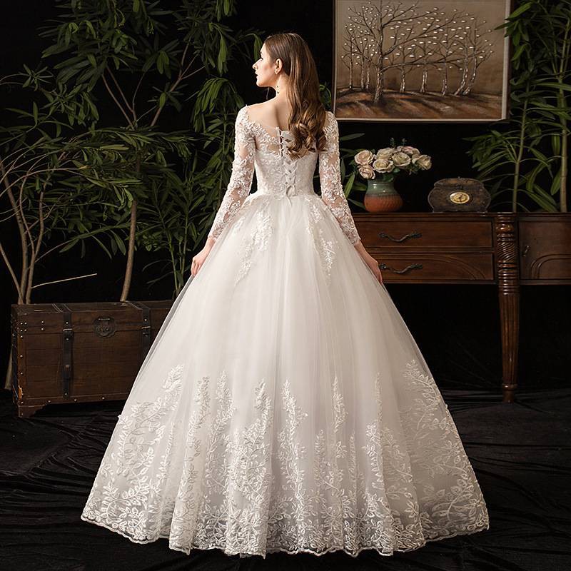 Putih Gaun Pengantin Muslim Lengan Panjang Renda White Lace Long Sleeve Maxi Ball Wedding Dress