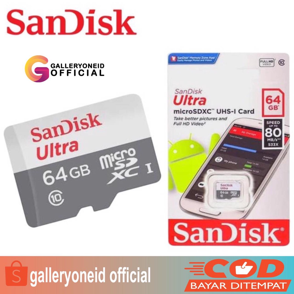 Sandisk Ultra Micro SD 16 32 64 128 GB Kartu Memory Class 10 Aksesoris Handphone Hp GALLERYONE gallery one