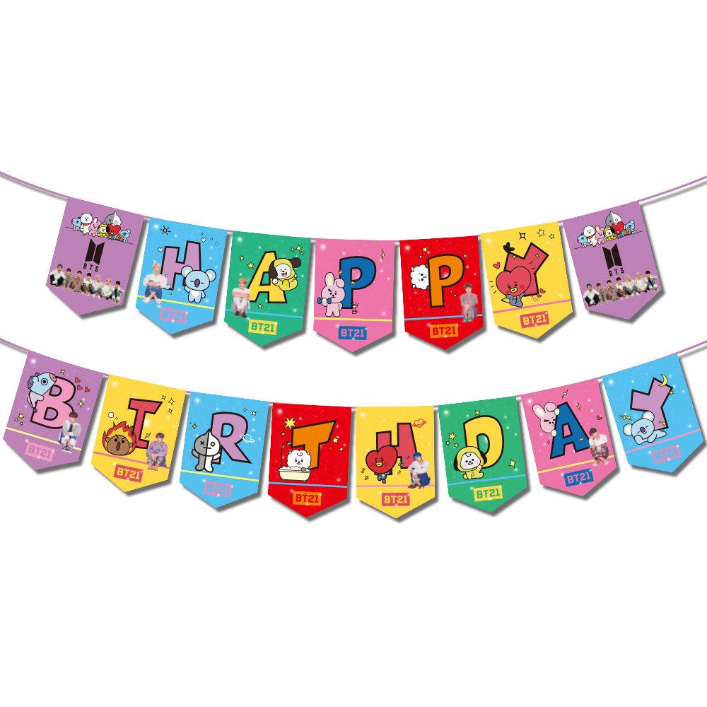 banner flag bunting flag garland flag ulang tahun happy birthday karakter BT21 BT 21 mix Campur BTS 