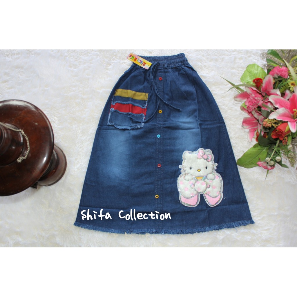 Rok Jeans / Rok Panjang Anak Perempuan / Motif Karekter Boneka Bulu / Bahan Jeans Bratatex 6,5 Ons / Ukuran 4 5 6 / M L XL dan Anak Tanggung (4-13 tahun)