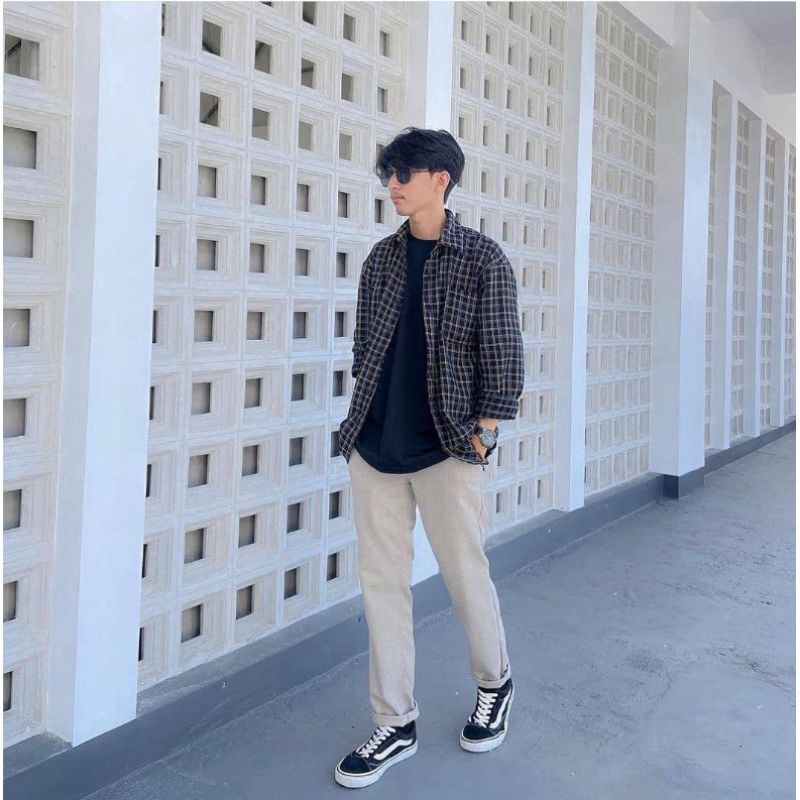 Flanel Katun Pria Kotak Kotak Lengan Panjang Flannel Best Seller by SJ Azzahra Hem Casual Pria