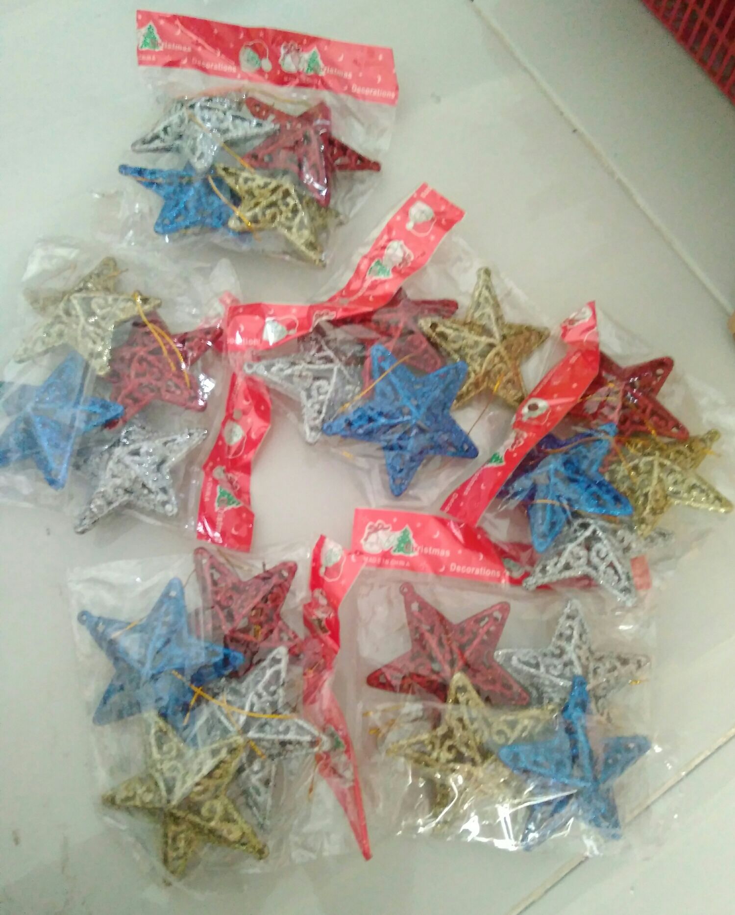 Gi Hiasan Natal Motif Star Lonjong Emas Silver Merah Metalic 4 Pcs Dalam 1 Bungkus