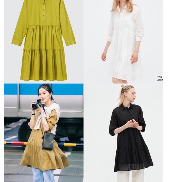 Terlaris Uniqlo Cotton Tiered 3/4 Sleeve Mini Dress