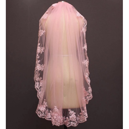 Kerudung Pengantin One Layer Pink Lace Short Wedding Veil with Comb Beautiful Bridal Veil 75cm