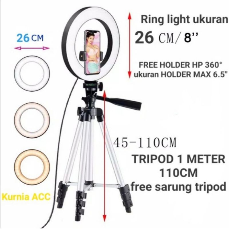 PAKET RING LIGHT 26CM TRIPOD HP DAN KAMERA TRIPOD HP 1 METER LAMPU SELFIE RING LIGHT LED FREE HOLDER