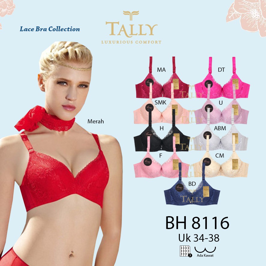 Bra Lebar Brukat kait 3 Tally 8116/Push Up Bra Kait 3 Brukat Halus/Bra Lebar Mengangkat Payudara