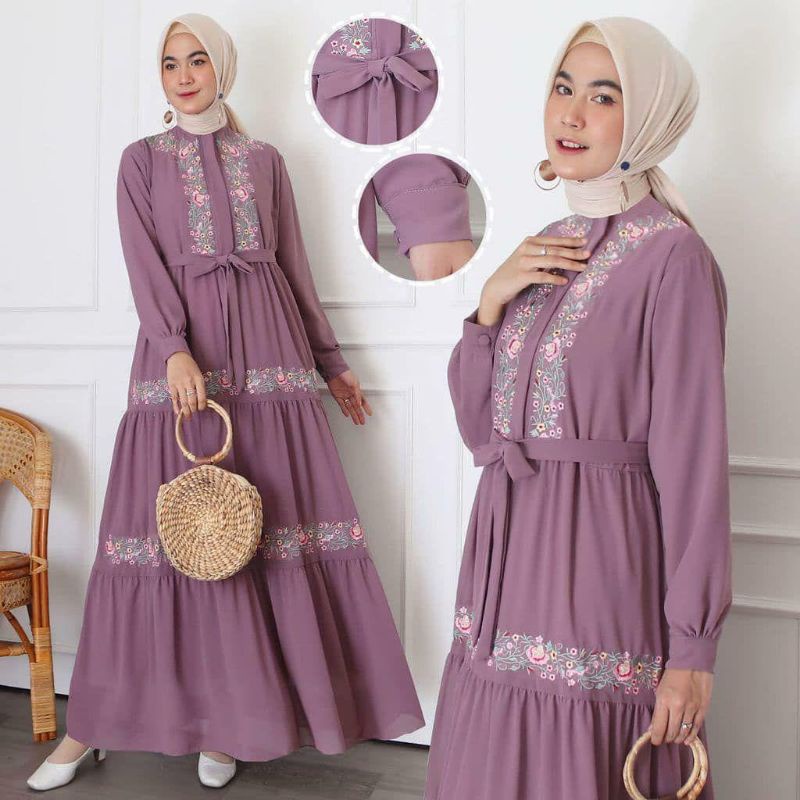 Gamis bordir bunga terbaru/bahan ceruty babydoll/gamis wanita bordir terbaru