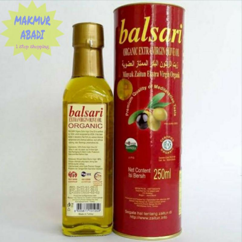 MINYAK ZAITUN BALSARI IMPORT TURKI EXTRA VIRGIN OLIVE OIL / MINYAK ZAITUN BALSARI ORGANIK 250ML